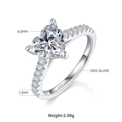Micro inlaid Heart Moissanite women's Weding ring 2.0 carats D-grade in S925 silver